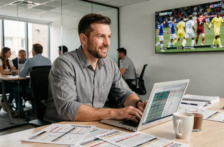Journaliste sportif masculin travaillant dans une salle de rédaction moderne avec des statistiques de matchs et des scores en direct sur écran