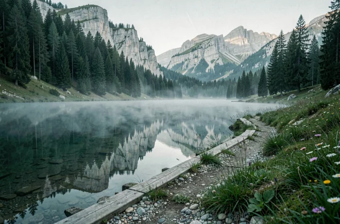 Lac du Vercors au petit matin avec reflet des falaises calcaires et brume sur l'eau, entouré de forêts de conifères