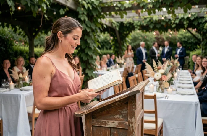Témoins lisant un beau texte d'amour lors d'une réception de mariage en plein air sous une pergola fleurie
