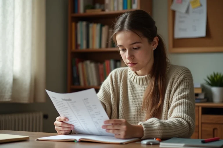 Lycéenne en seconde consultant son bulletin de notes avec des moyennes scolaires sur son bureau en bois
