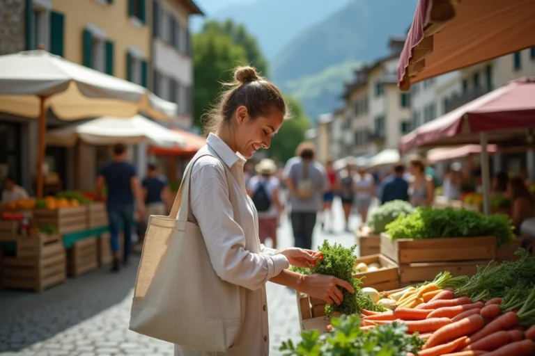 Femme faisant ses courses au marché local suisse avec un sac en toile réutilisable, choisissant des légumes frais de saison