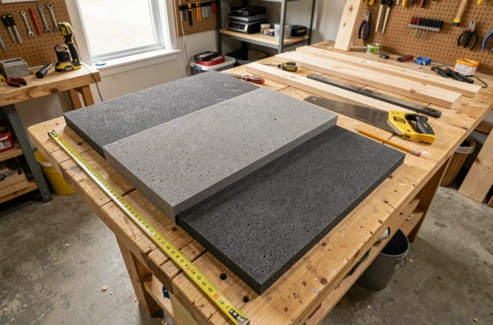 Matériaux pour caisson antibruit : panneaux acoustiques, vinyle et bois sur établi de bricolage