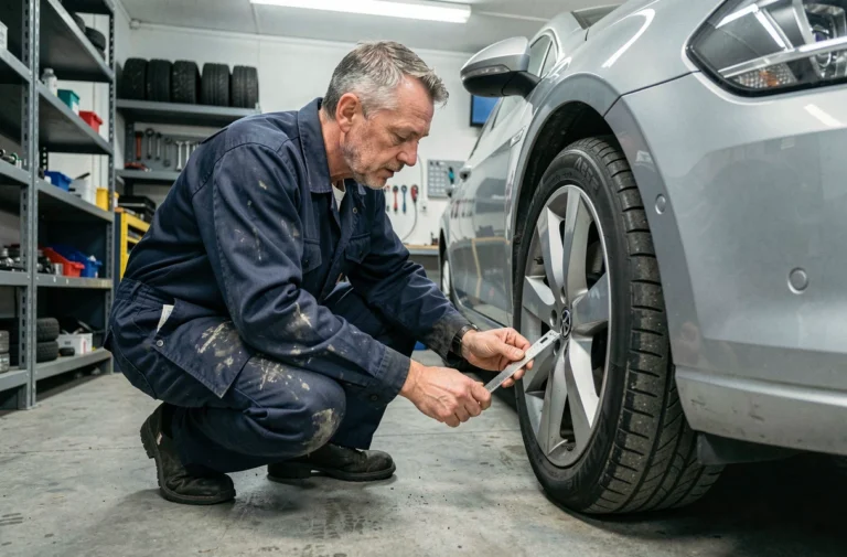 Mécanicien belge inspectant les pneus d'une Volkswagen Golf avant le contrôle technique