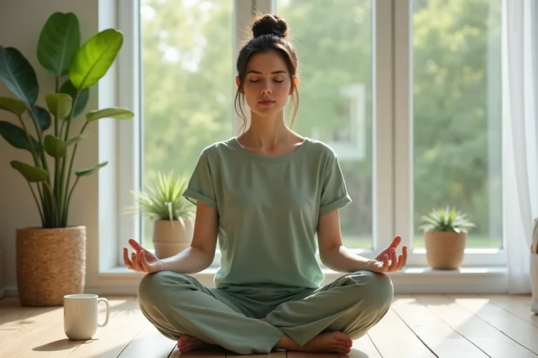 Femme pratiquant la méditation matinale dans un salon minimaliste pour une vie quotidienne plus sereine