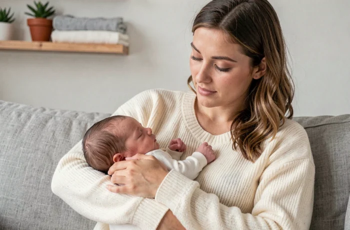 Jeune mère tenant tendrement son nouveau-né contre elle dans un salon cosy, illustrant les conseils pour accompagner les parents avec bébé