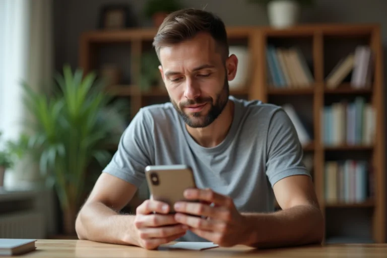 Homme tenant un iPhone et consultant une application de mesure de température dans un bureau à domicile