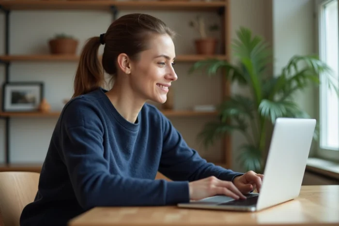 Femme consultant la liste des pages d'un site d'actualités sur un ordinateur portable dans un bureau à domicile