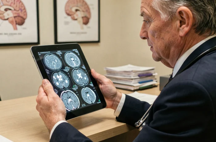 Neurologue masculin consultant des images IRM avec hypersignaux FLAIR sur une tablette médicale en cabinet de neurologie