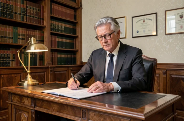 Notaire signant un acte de vente immobilier dans son étude traditionnelle en France