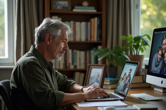 Homme en pause dans son bureau à domicile contemplant une photo de famille, illustrant comment la sphère privée nourrit la réflexion professionnelle d'Olivier Dauvers