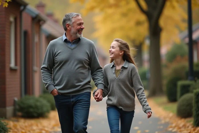 Un homme et une adolescente se promenant ensemble en automne dans un quartier résidentiel, symbolisant l'équilibre entre vie de famille et engagement professionnel