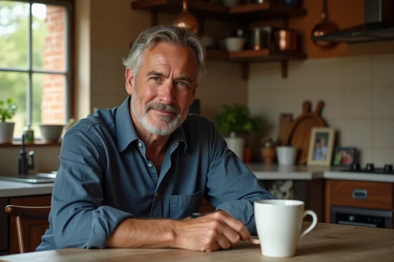 Portrait d'un homme réfléchi attablé dans sa cuisine familiale, illustrant l'influence de la vie privée sur la vision professionnelle d'Olivier Dauvers