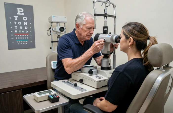 Opticien réalisant un examen de la vue sur une patiente dans un cabinet d'optique