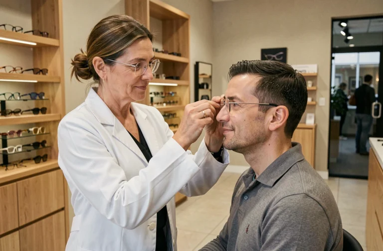 Opticienne ajustant des lunettes sur un client dans une boutique d'optique moderne