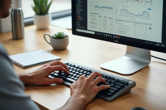 Mains d'un professionnel optimisant un site web avec des outils SEO personnalisés sur double écran