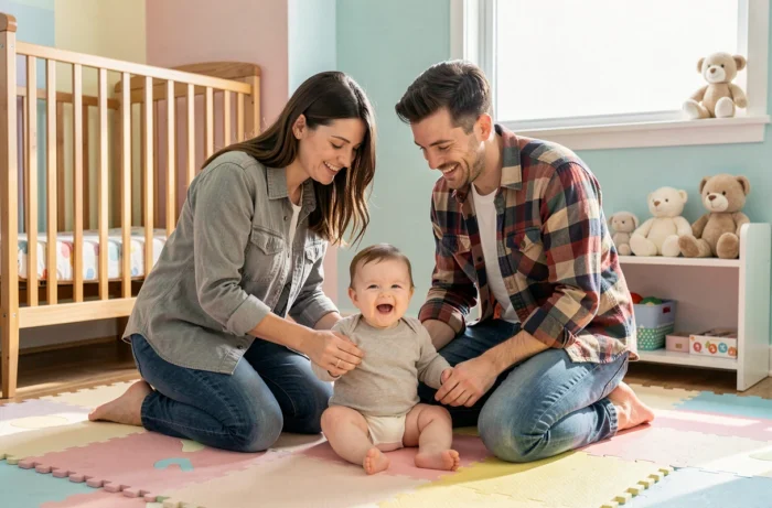 Couple de jeunes parents jouant avec leur bébé assis sur un tapis d'éveil dans une chambre de bébé aménagée