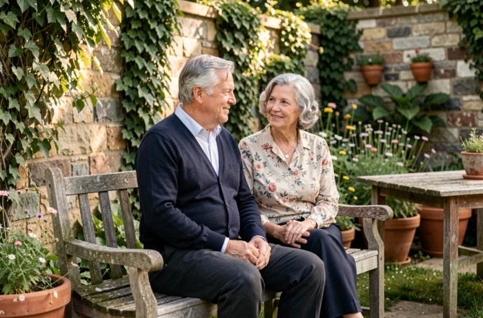 Parents âgés inspirants assis ensemble dans un jardin familial rustique évoquant les racines et la transmission
