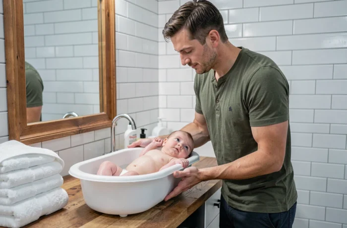 Père donnant le bain à son bébé dans une salle de bain aménagée, illustrant les gestes essentiels des parents au quotidien