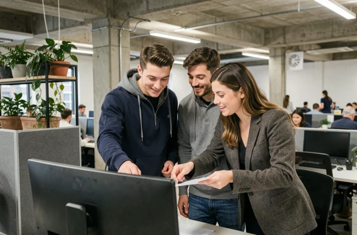 Petite équipe de freelances collaborant autour d'un écran dans un espace de coworking moderne, représentant l'utilisation d'outils de gestion de projet comme Grovop