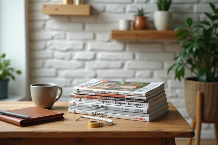 Pile de magazines de bricolage sur une table en chêne avec carnet, crayon et mug à café dans un coin bureau cosy