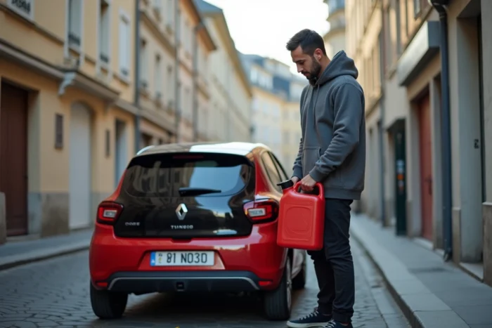 Homme faisant le plein avec un jerrican rouge sur une Twingo garée dans une rue urbaine française