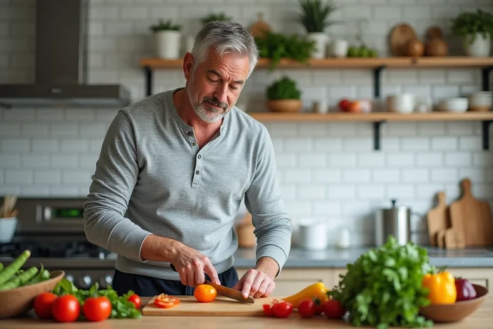 Homme préparant un repas sain et coloré dans une cuisine moderne pour améliorer sa santé au quotidien