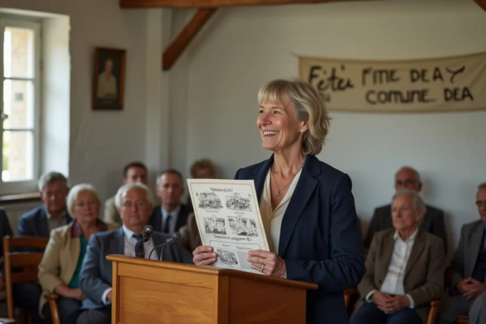 Présentation publique du projet de comité des fêtes par une organisatrice devant des habitants d'une commune rurale