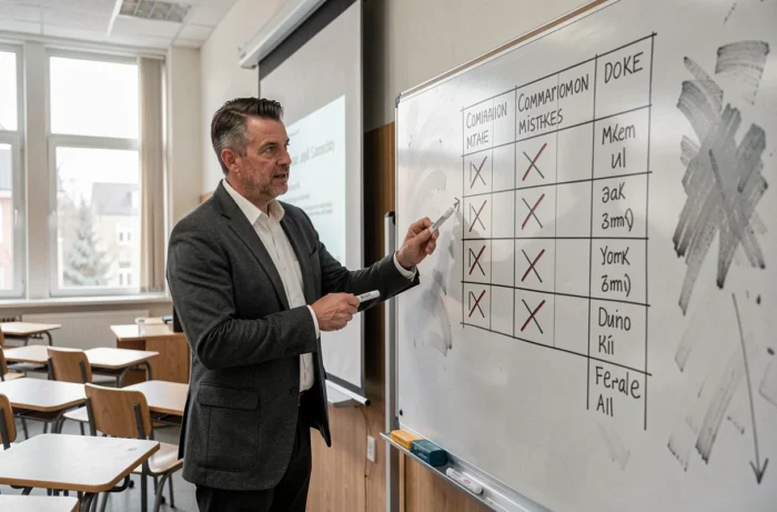 Professeur de management expliquant les erreurs fréquentes dans un tableau de caractérisation STMG au tableau