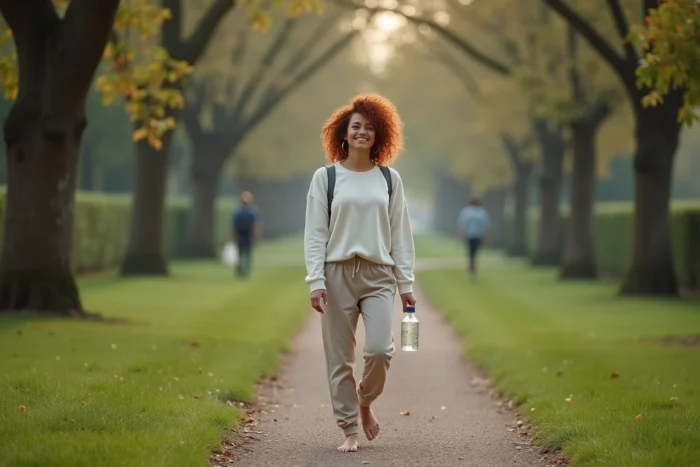 Femme se promenant pieds nus dans un parc urbain paisible le matin pour prendre soin de sa santé et de son bien-être