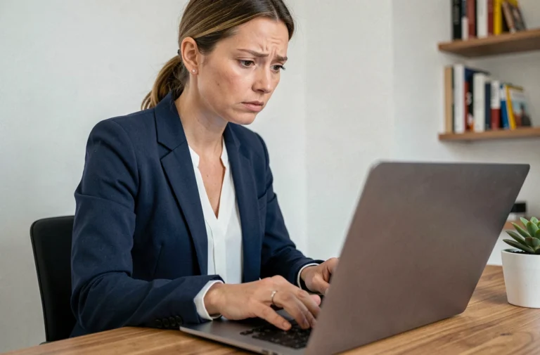 Femme consultant ses données bancaires sur un ordinateur portable dans un bureau à domicile, illustrant la vigilance face aux risques de sécurité en ligne