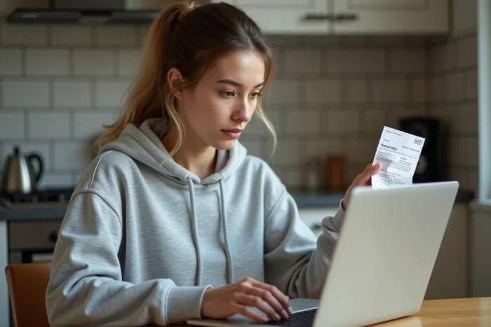 Femme remplissant le questionnaire de satisfaction Burger King sur son ordinateur portable avec un ticket de caisse