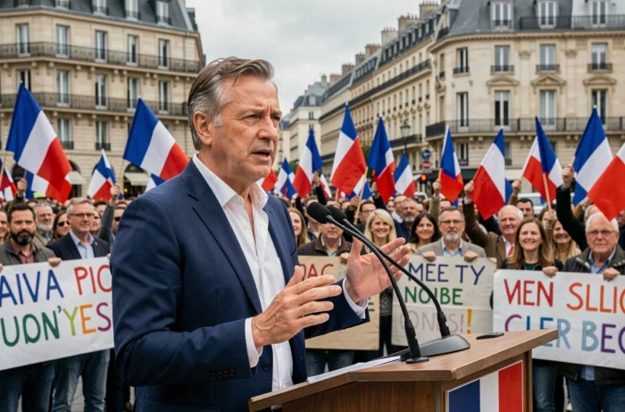 Homme politique français prenant la parole lors d'un rassemblement des Patriotes en place publique