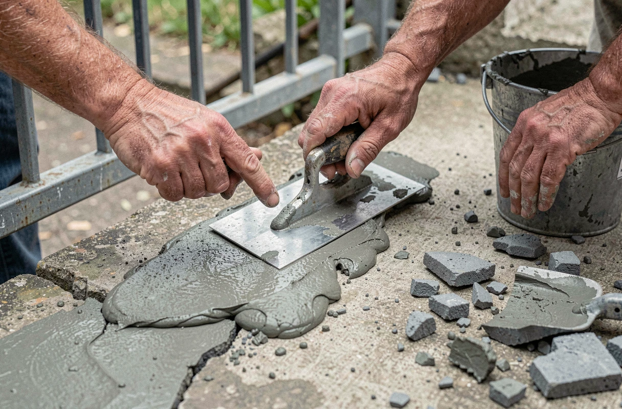 Mains appliquant du mortier de réparation sur un seuil de portail fissuré avec une truelle