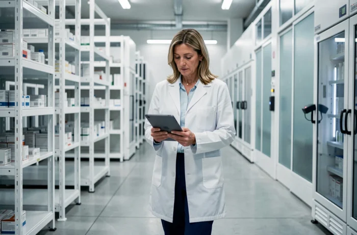 Responsable logistique pharmaceutique inspectant un entrepôt automatisé avec des unités de stockage de médicaments à température contrôlée