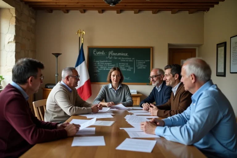 Réunion d'organisation d'un comité des fêtes dans une salle de mairie avec des bénévoles autour d'une table en bois