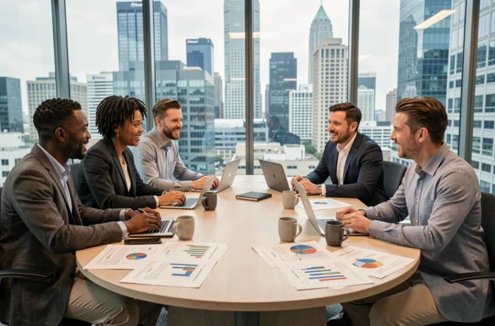 Équipe de professionnels en réunion autour d'une table discutant de stratégies marketing pour la croissance d'entreprise