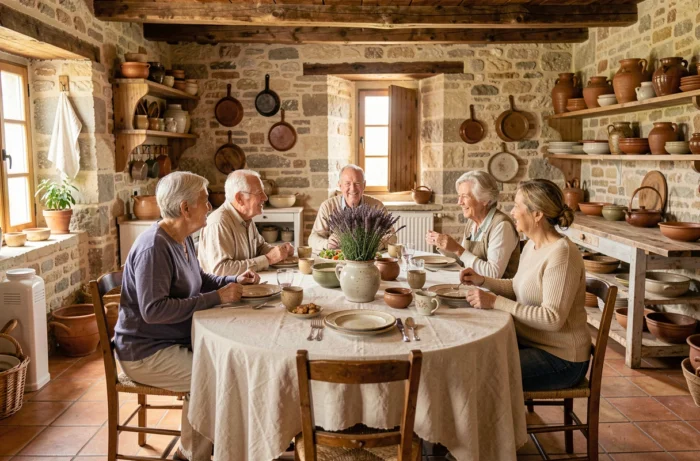 Réunion familiale multigénérationnelle autour d'un repas dans une cuisine traditionnelle française aux murs en pierre