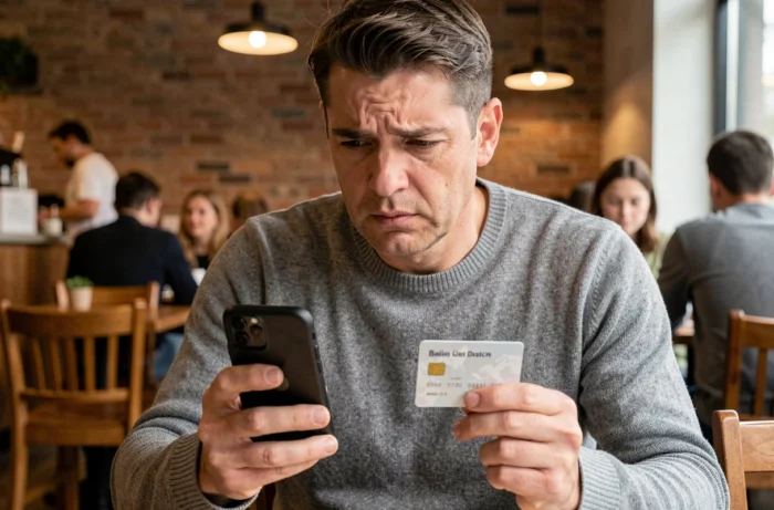 Homme tenant une carte bancaire et un smartphone dans un café public, symbolisant les risques liés aux transactions financières en ligne non sécurisées