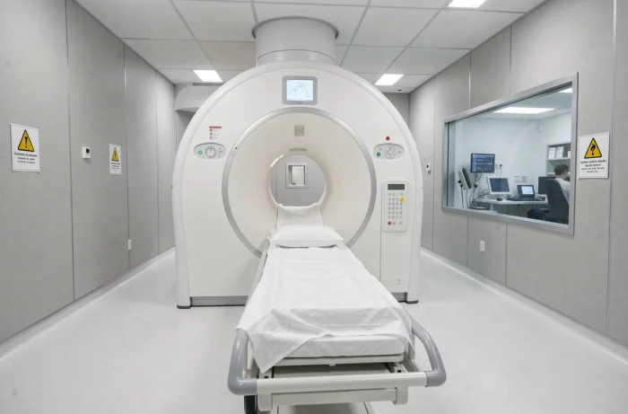 Salle d'IRM hospitalière avec scanner 3 Tesla et brancard médical, environnement clinique stérile de radiologie