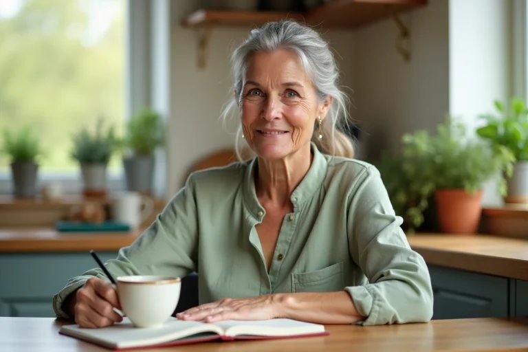 Femme senior souriante écrivant dans un carnet à une table de cuisine, illustrant le bien-être quotidien des personnes âgées