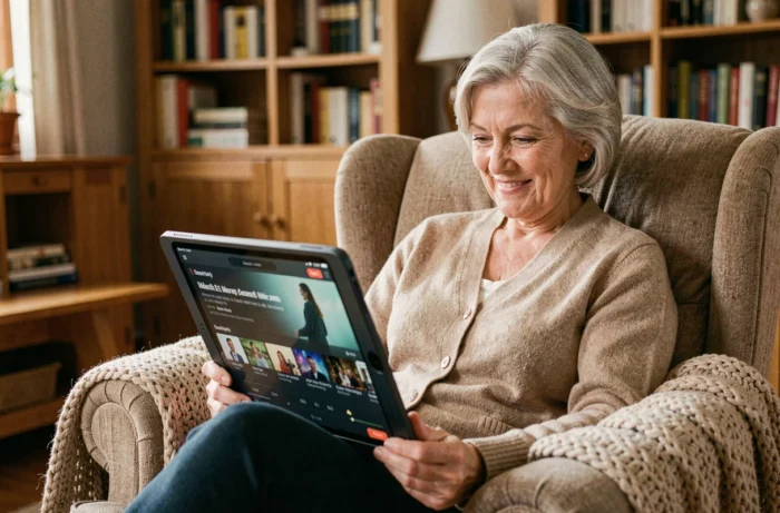 Senior femme souriante utilisant une tablette pour regarder un service de streaming dans son salon confortable