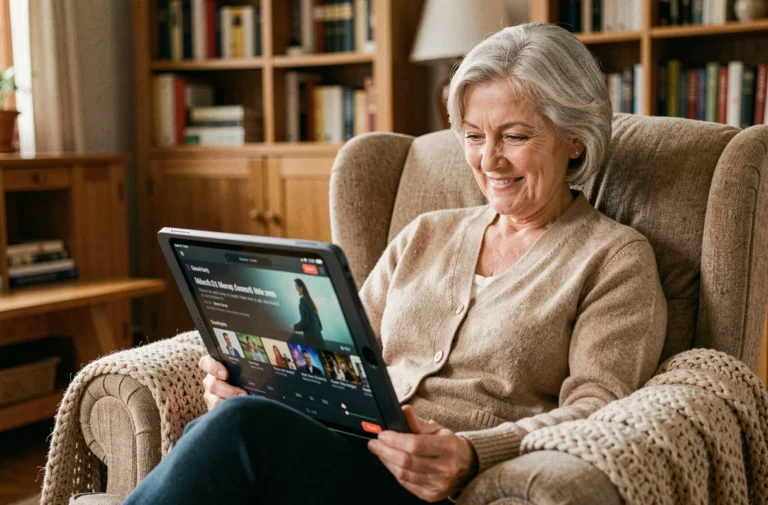 Senior femme souriante utilisant une tablette pour regarder un service de streaming dans son salon confortable