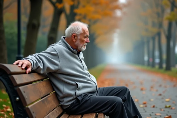 Homme âgé faisant des étirements sur un banc dans un parc automnal, symbolisant l'activité physique et la santé des seniors