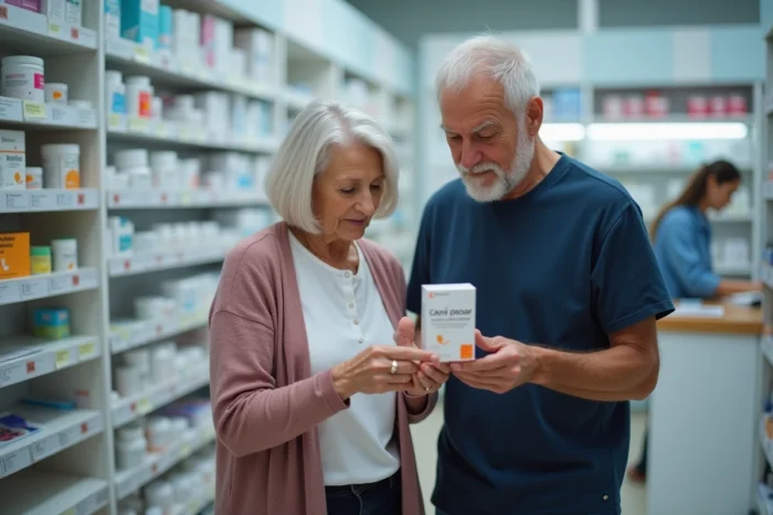 Couple de seniors lisant attentivement une notice médicale en pharmacie, illustrant la gestion de la santé au quotidien pour les personnes âgées