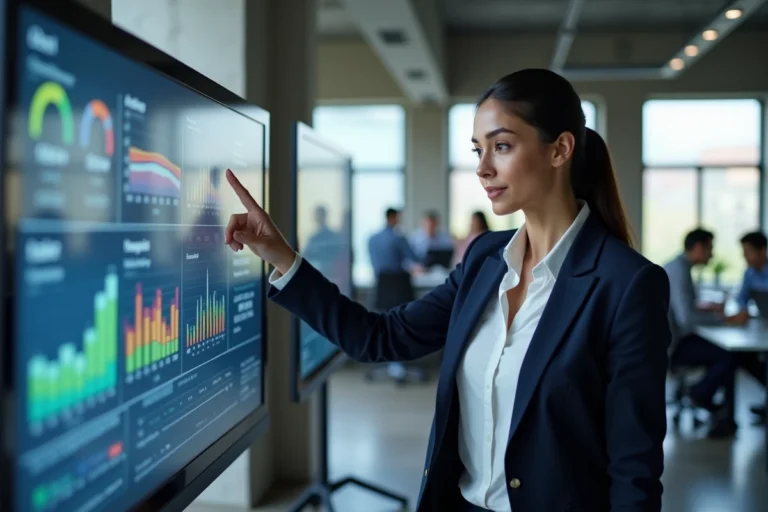 Cheffe de projet présentant des tableaux de bord analytiques digitaux sur un écran tactile dans un bureau moderne