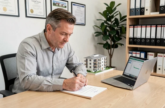 Homme signant un contrat d'achat immobilier dans un bureau de notaire avec maquette de résidence neuve