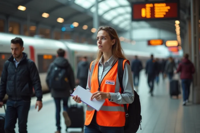 Jeune stagiaire SNCF en veste de formation sur un quai de gare animé, entourée d'agents expérimentés, symbolisant les défis d'intégration et de fidélisation des nouveaux recrutés