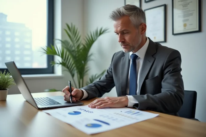 Dirigeant d'entreprise analysant une stratégie digitale personnalisée sur ordinateur portable dans un bureau privé