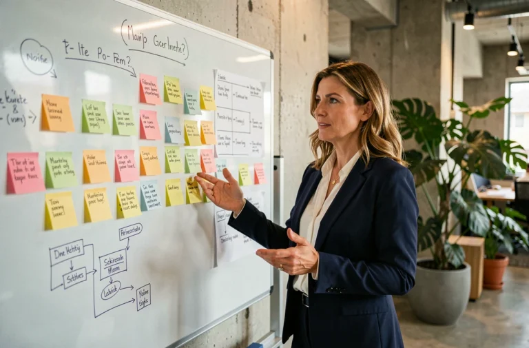 Femme cadre présentant une stratégie marketing innovante devant un tableau blanc dans un bureau moderne
