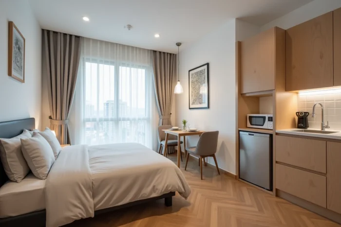 Studio meublé prêt à la location LMNP avec décoration neutre et mobilier fonctionnel
